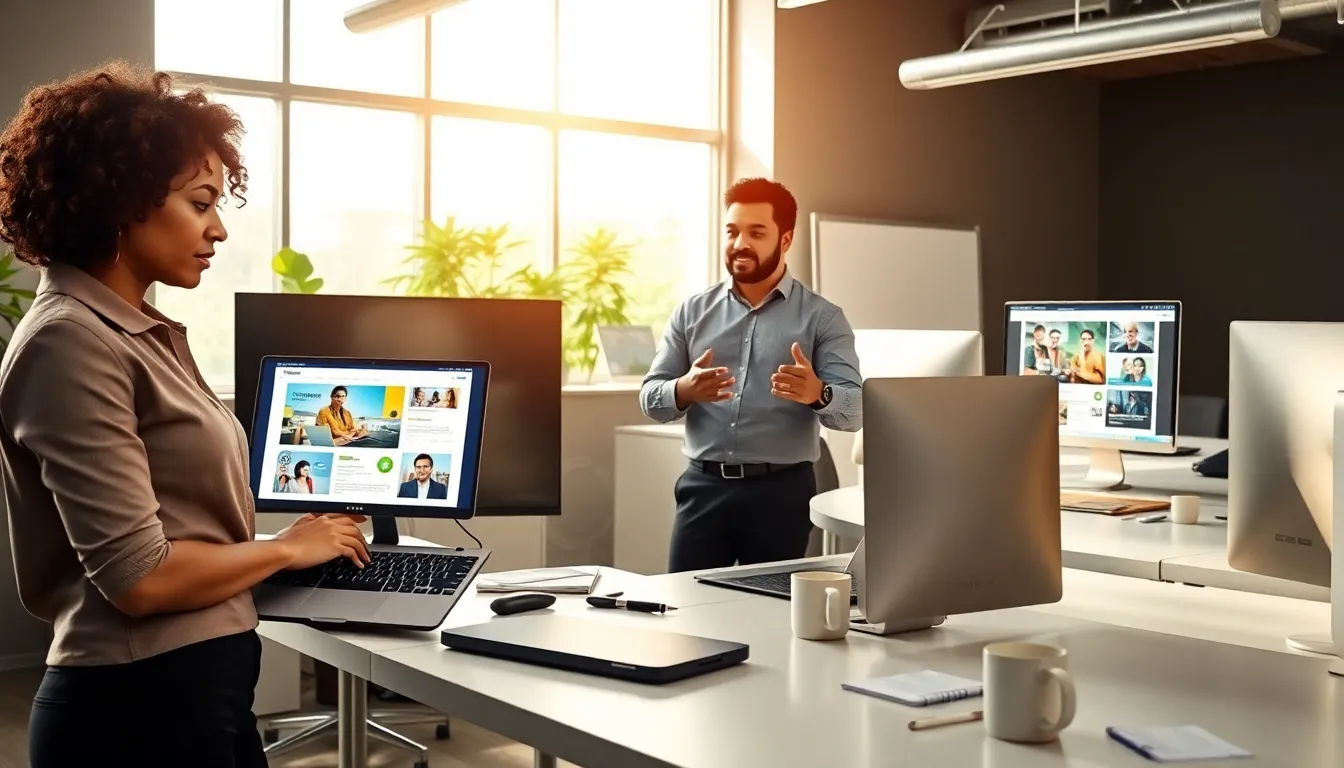 diverse team collaborating on Joomla web development in a modern office.