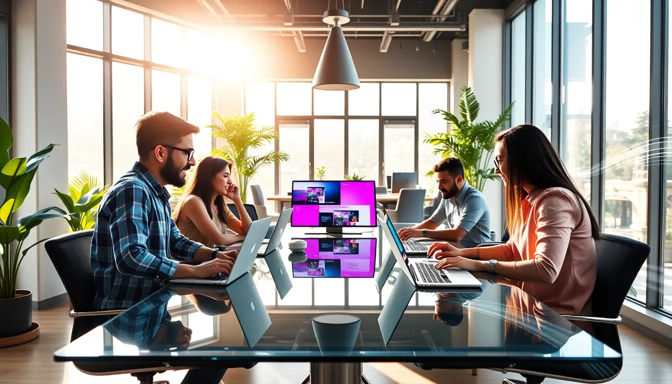 diverse web development team collaborating in a modern office.