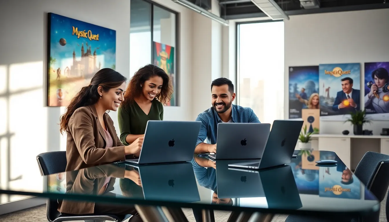 diverse team collaborating in a modern office on game designs.