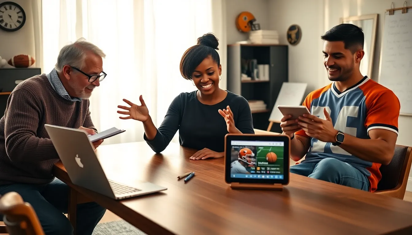 A diverse group discussing sports content in a cozy home office.
