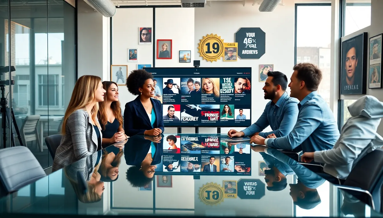 diverse professionals discussing entertainment topics in a modern workspace.