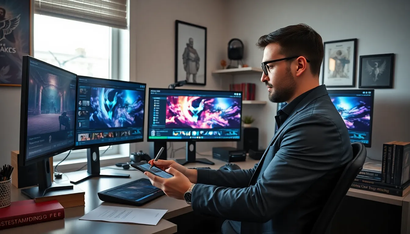 Dolofis Jelpan editing gaming content in a modern office.