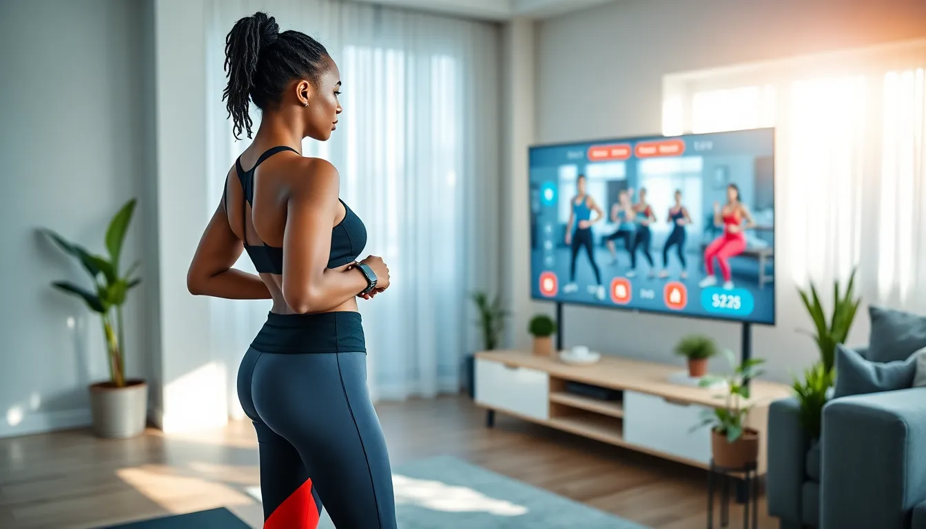 a woman participating in a virtual fitness training session in a modern living room.